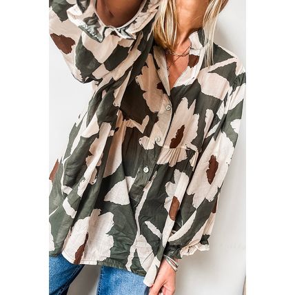 Four Leaf Clover Abstract Floral Print Puff Sleeve Half Button Blouse