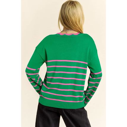 Green Stripe Ribbon Cute Bow Detail Sweater Knit Cardigan
