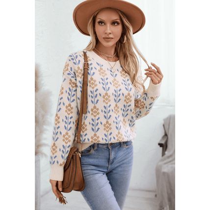 Apricot Floral Pattern Crew Neck Sweater