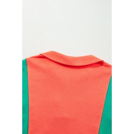 Grapefruit Orange Color Block Patchwork Collared V Neck Loose Top