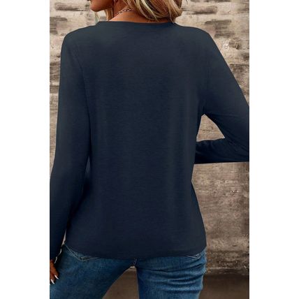 Dirty blue Notch V Neck Pocket Patched Long Sleeve T Shirt