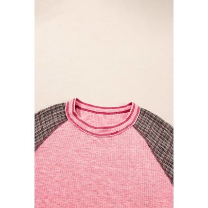 Pink Checkered Paisley Patchwork Raglan Sleeve Seamed Plus Size Top