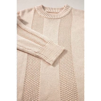 Pale Khaki Solid Color Cable Knit Ribbed Loose Sweater
