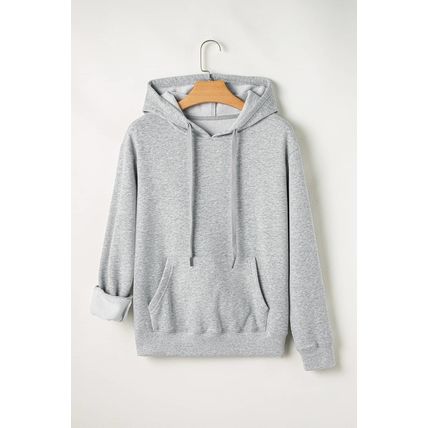 Light Grey Solid Color Fleece Lined Drawstring Hoodie with Pocket