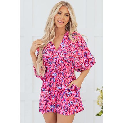 Pink Abstract Print Puff Sleeve V Neck High Waist Romper