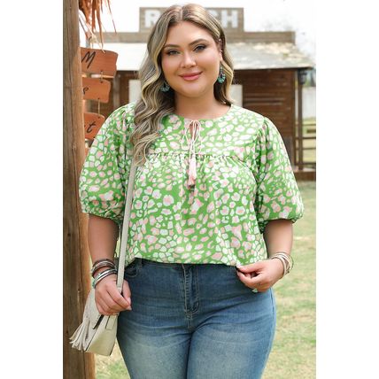 Green Plus Size Floral Tassel Tie Split Neck Puff Sleeve Blouse