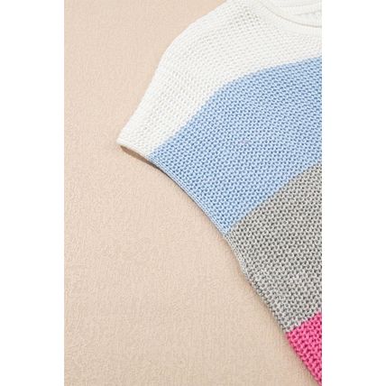 Light Blue Color Block Notch V Neck Sweater T Shirt
