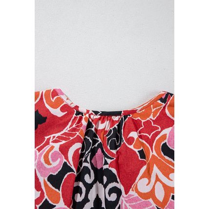 Red Ethnic Print Split Neck Short Puff Sleeve Blouse