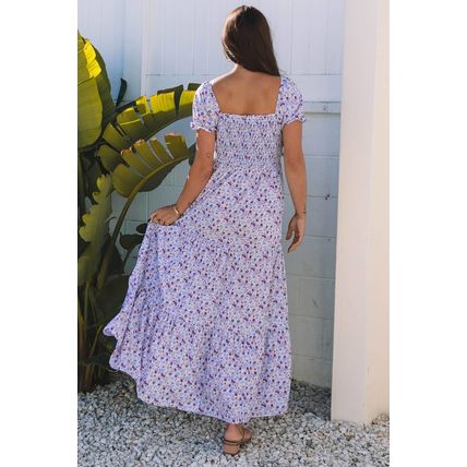 Purple Floral Short Bubble Sleeve Shirred High Waist Maxi Dress