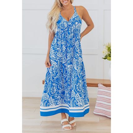 Blue Paisley V Neck Crisscross Backless Maxi Dress