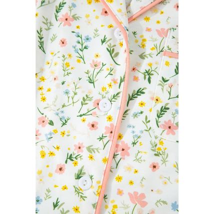 White Floral Print Contrast Pipping Short Pajamas Set