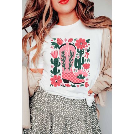White Western Boots Flower Print Round Neck T Shirt
