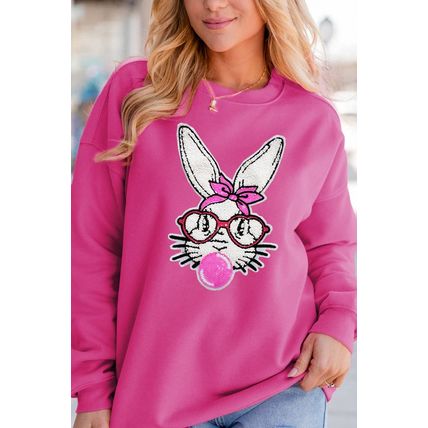 Bonbon Bubble Gum Rabbit Sequin Graphic Drop Shoulder Sweatshirt