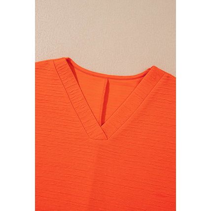 Orange Textured V Neck T Shirt and Shorts Set