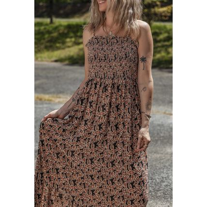 Brown Floral Smocked Bodice High Waist Flowy Sun Dress