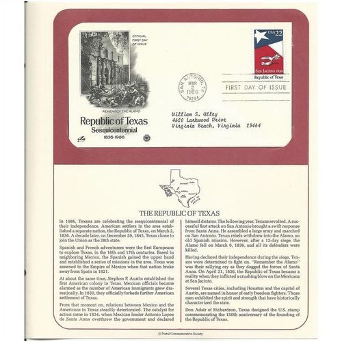 REPUBLIC OF TEXAS ' OFFICIAL FIRST DAY of ISSUE ' (1986)
