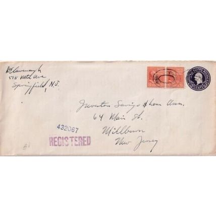 United States 1946 Springfield NJ-Millburn NJ Registered Cover written VGC