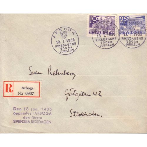 Sverige / Sweden - Envelope 10 & 25 öre Riksdagen, special cancellation 13.1.35