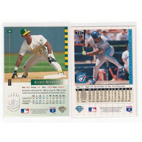 TWO 1993 Upper Deck Rickey Henderson cards SP #40, Collector’s Choice #131 – HOF