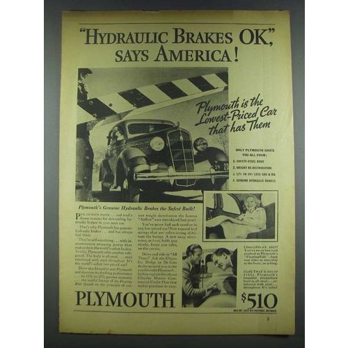 1935 Plymouth Cars Ad - Hydraulic Brakes OK