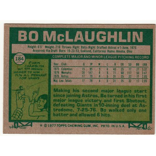 1977 Topps baseball card 184 Bo McLaughlin - Astros