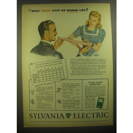1945 Sylvania Colored Fluorescent Lamps Ad - What Color light do women like?