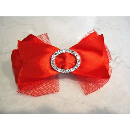 Red rockabilly shiny, lacy bow hair clip barrette with swarovski crystals