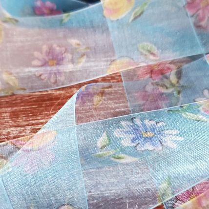 Organza Ribbon - Blue Floral Sheer - 1.5" x 1 yard - Sold by the Yard