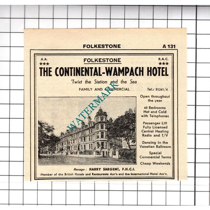 Lismore Hotel Folkestone Kent / Continental-Wampach Sargent Advert -1958 Cutting