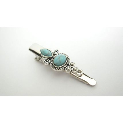 Turquoise blue stone and silver metal alligator hair clip for fine thin hair