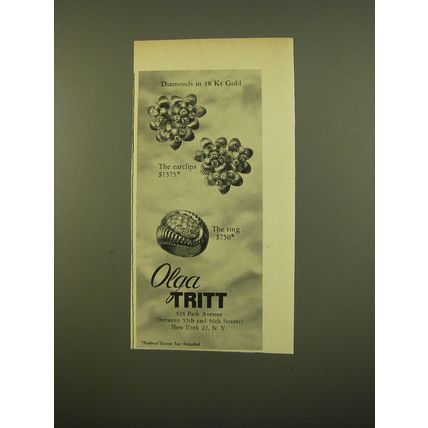 1961 Olga Tritt Earclips and Ring Advertisement - Diamonds in 18 Kt Gold