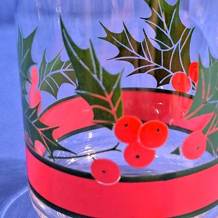 Lot 4 LIBBEY HOLLY & BERRIES 16oz Glass Flat TUMBLERS Christmas Cooler Water