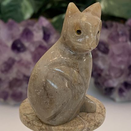 Soapstone Cat Figurine Crystal Carving Sitting Kitty Pet Figure Yellow Eyes 2.2"