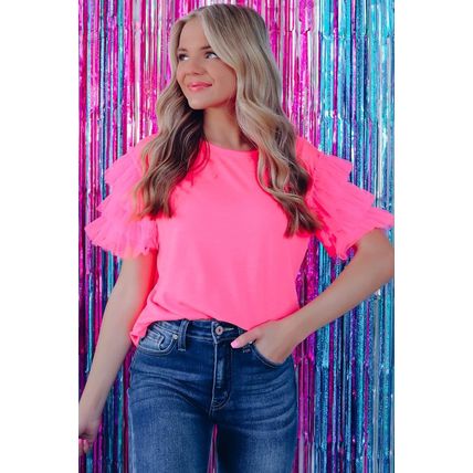 Pink Tulle Ruffle Sleeve Top