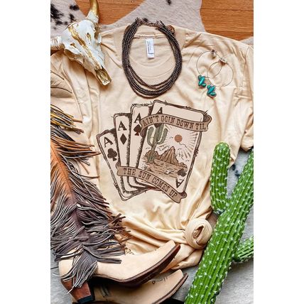 Khaki Western Poker Cards Graphic Print Short Sleeve T Shirt