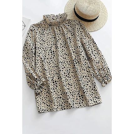 Khaki Frilled Neck 3/4 Sleeves Cheetah Blouse