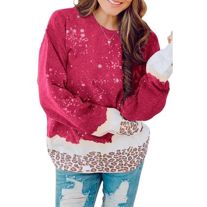 Red Leopard Bleached Pullover Sweatshirt