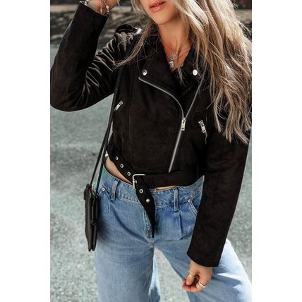 Black Asymmetric Zipper Belted Hem Jacket