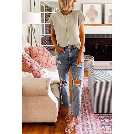 Oatmeal Solid Color Cap Sleeve Knitted Sweater