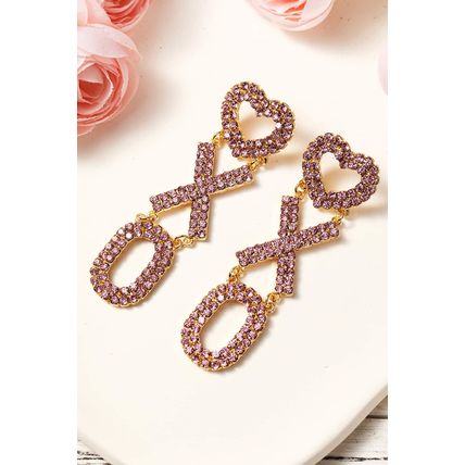 Bright Pink Valentine Heart XOXO Rhinestone Earrings