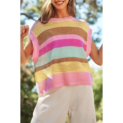 Pink Stripe Crochet Cap Sleeve Loose Fit Sweater T Shirt