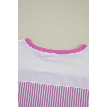 Pink Stripe Patchwork Bracelet Sleeve Plus Size T Shirt
