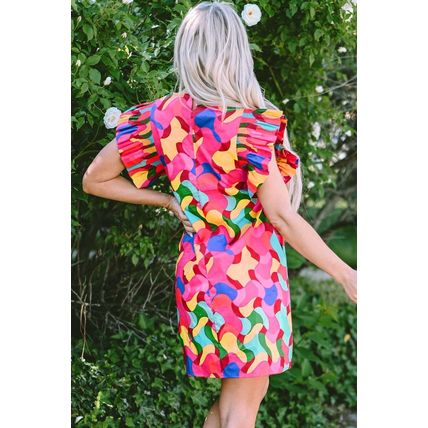 Rose Red Abstract Print Ruffle Sleeve Shift Dress
