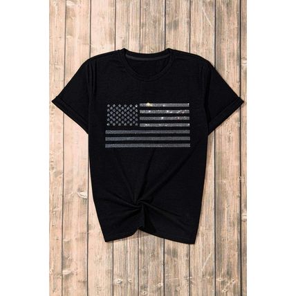 Black Glittering Rhinestone American Flag Pattern T Shirt