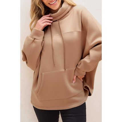 Light French Beige Drawstring Turtleneck Dolman Sleeve Sweatshirt