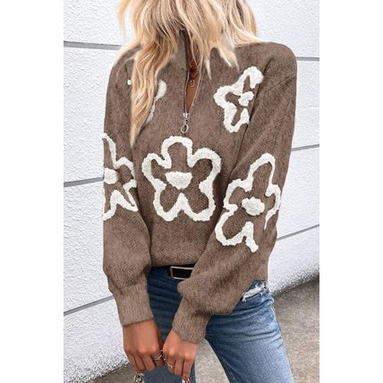 Parchment Contrast Flower Half Zipper Stand Neck Sweater