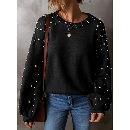 Black Pearled Drop Shoulder Round Neck Sweater