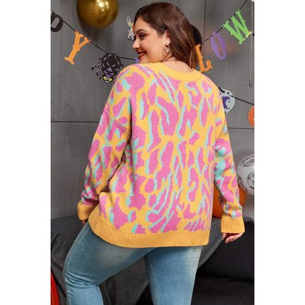 Bright Pink Plus Size Leopard Ribbed Trim Sweater