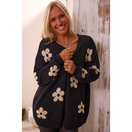 Black Floral Print Knitted Open Front Loose Cardigan