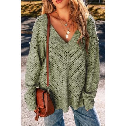 Jungle Green Loose Eyelet V Neck Drop Shoulder Sweater